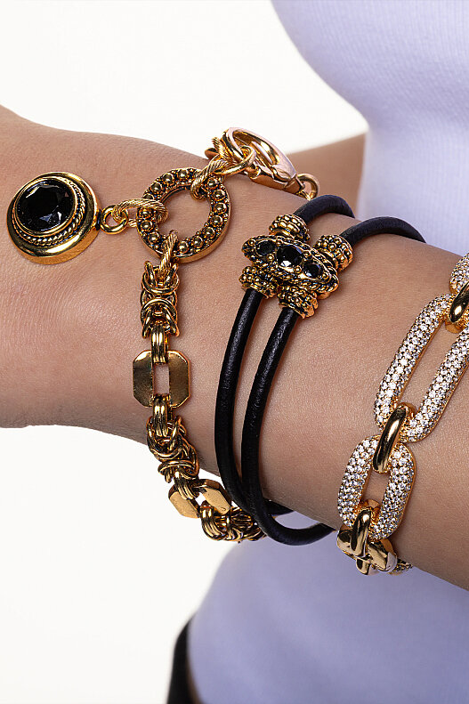 Noir Gold-Plated Leather Bracelet with Black Zircon - (1)