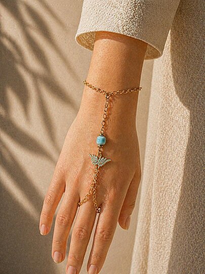 Ophira Wing Charm Gold Plated Chain Hand Bracelet - (1)