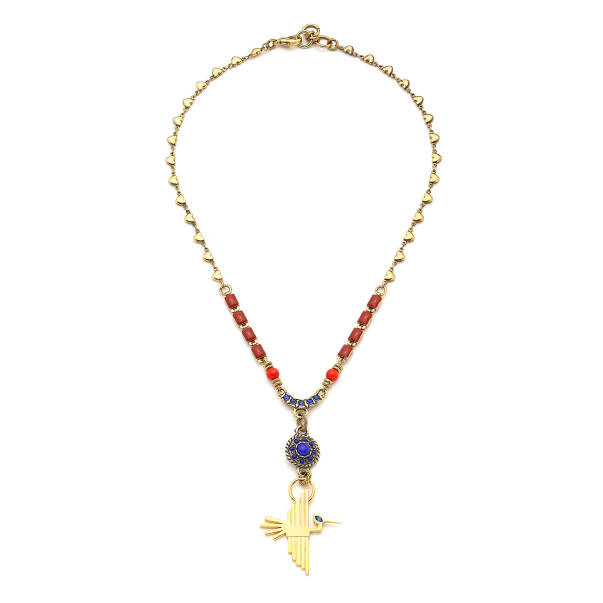 Oracle Bird Mercan & Lapis Doğaltaş , Leylek Charm Altın Kaplama Kolye - 1