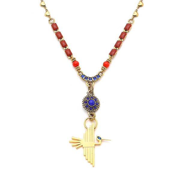 Oracle Bird Mercan & Lapis Doğaltaş , Leylek Charm Altın Kaplama Kolye - 2