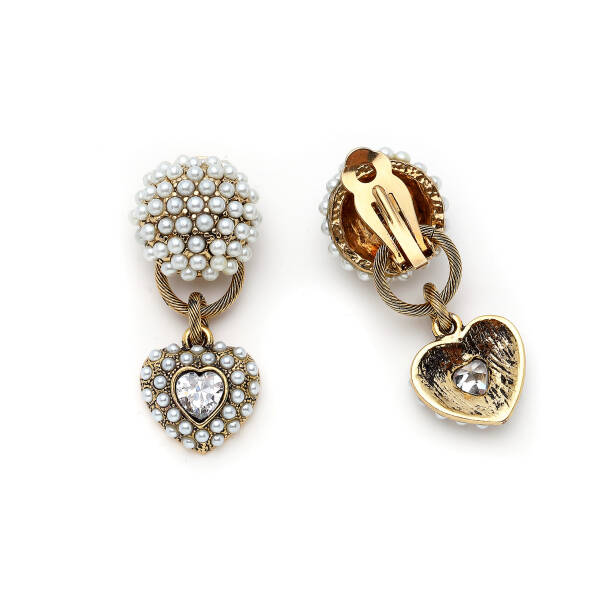 Pearl Amour İnci Zirkon Kalp Charm Klipsli Küpe - 3