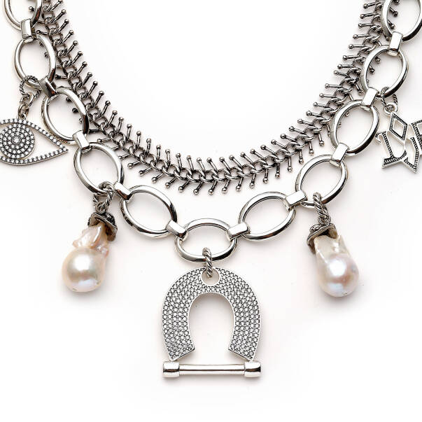 Pearl Armor Barok İnci , Nal & Göz Charm Gümüş Kaplama Kolye - 2