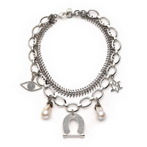 Pearl Armor Barok İnci , Nal & Göz Charm Gümüş Kaplama Kolye - 1