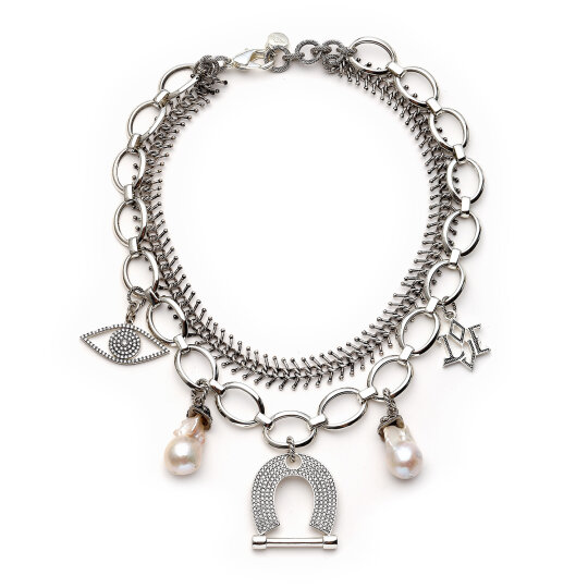 Pearl Armor Baroque Pearl Horseshoe Eye Charm Silver Plated Necklace - 