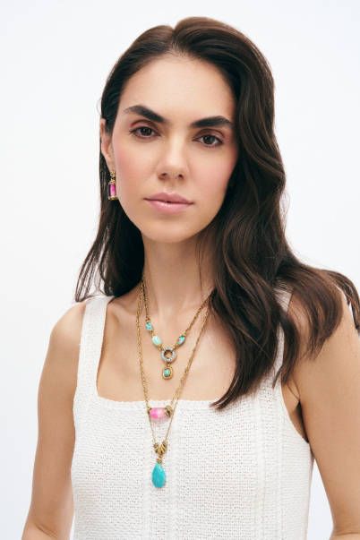 Pinky Bonbon Glass Bead Gold Plated Chain Necklace - 4