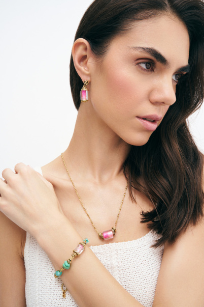 Pinky Bonbon Glass Bead Gold Plated Chain Necklace - 2