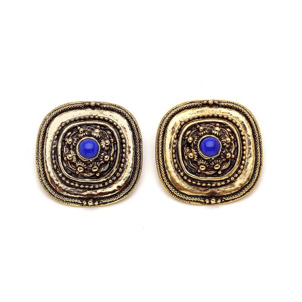 Pressed Navy Blue Gold Plated Square Clip-On Earrings - 1