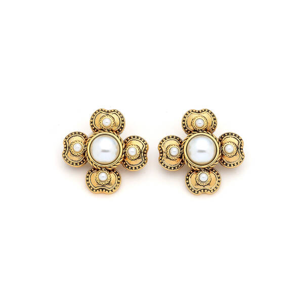 Prospere Gold Plated Pearl Clover Charm Pins Earrings - 1