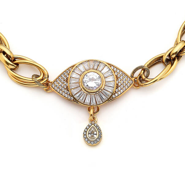 Protector Choker Altın Kaplama Göz Zirkon Charm Zincir Kolye - 3