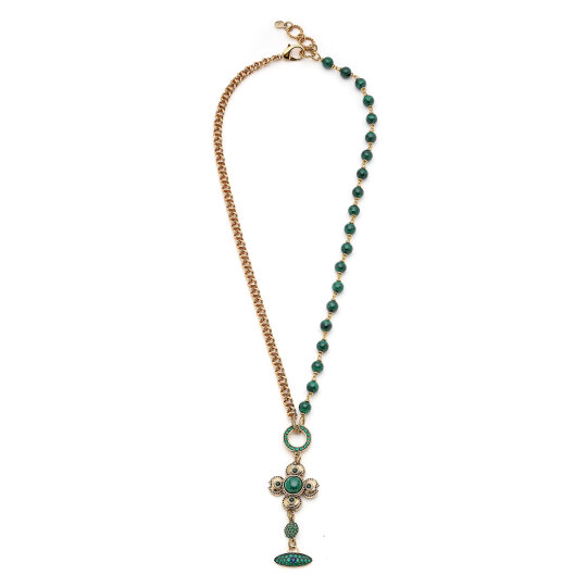 Quiet Ember Malachite Natural Stone Clover Charm Gold Plated Chain Necklace - 