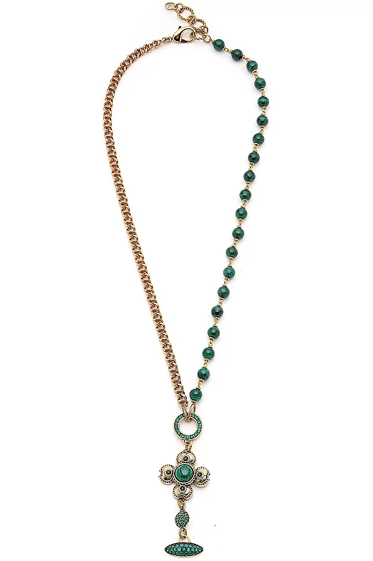Quiet Ember Malachite Natural Stone Clover Charm Gold Plated Chain Necklace - (1)
