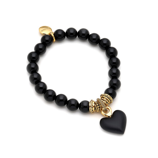 Raven Oniks Altın Kaplama Kalp Charm Charm Bilezik 