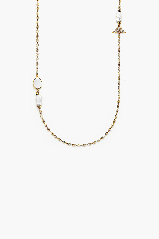 Reality Gold-Plated Long Pearl and Crystal Chain Necklace with Wing Charm - (1)