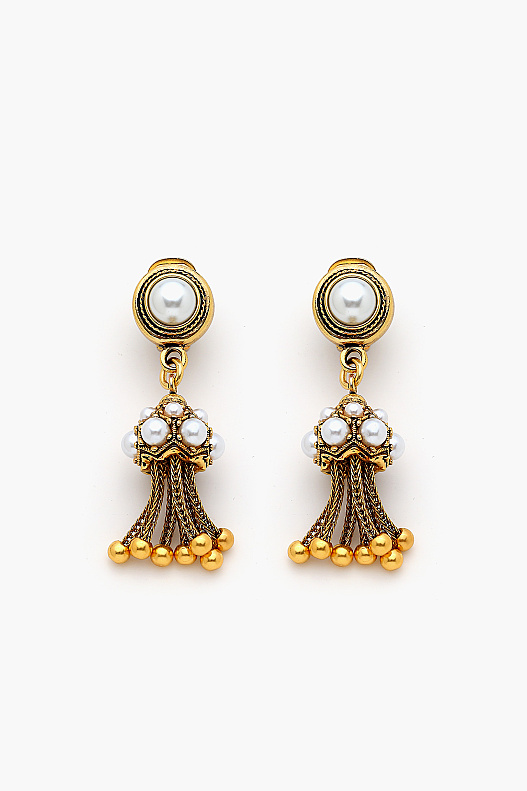 Rhea Gold-Plated Pearl Tassel Clip-On Earrings - 