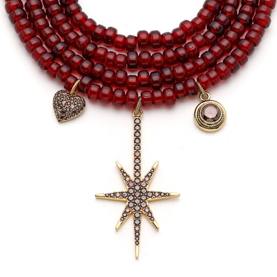 Rhea Zircon Heart & Star Charm Gold Plated Glass Bead Necklace - (1)