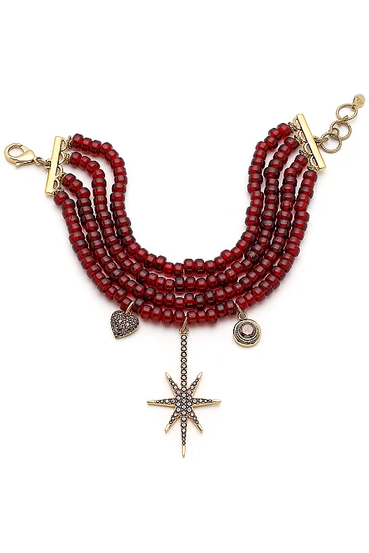 Rhea Zirkon Kalp & Yıldız Charm Altın Kaplama Cam Boncuk Kolye - 