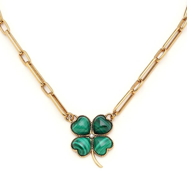 Rooted Calm Malachite Natural Stone Clover Charm Gold Plated Chain Necklace - 4