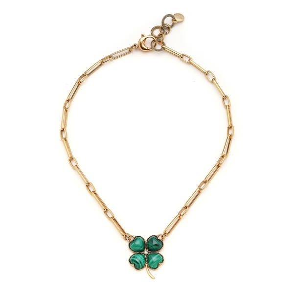Rooted Calm Malachite Natural Stone Clover Charm Gold Plated Chain Necklace - 2