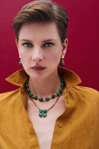 Rooted Calm Malachite Natural Stone Clover Charm Gold Plated Chain Necklace - 1