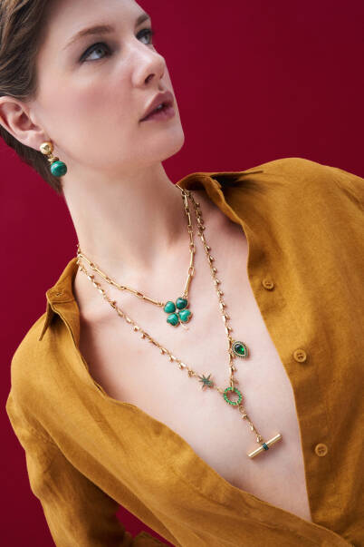 Rooted Calm Malachite Natural Stone Clover Charm Gold Plated Chain Necklace - 6