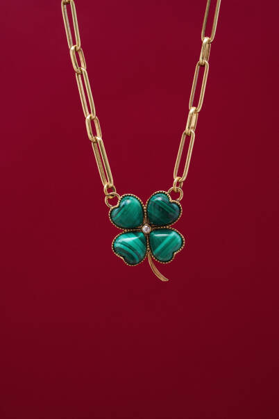 Rooted Calm Malachite Natural Stone Clover Charm Gold Plated Chain Necklace - 3