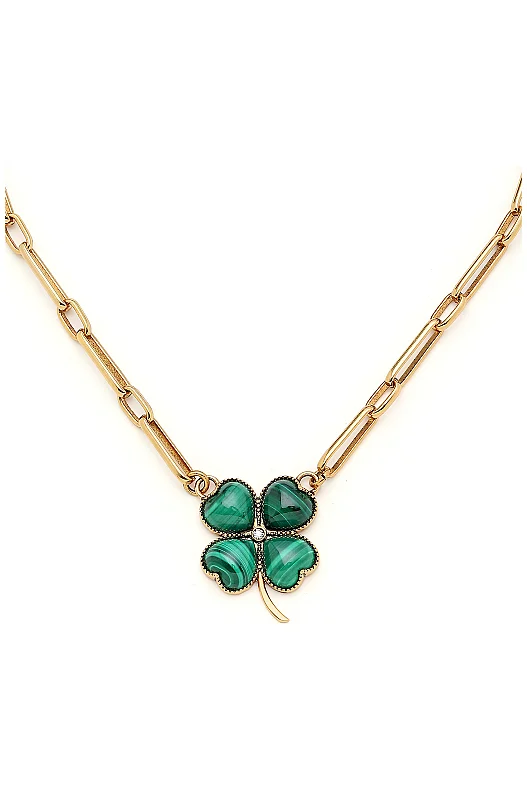 Rooted Calm Malachite Natural Stone Clover Charm Gold Plated Chain Necklace - 