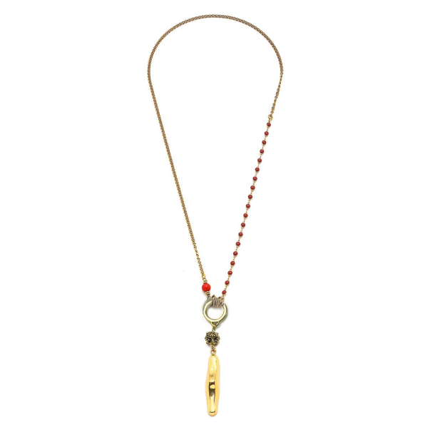 Sacred Dark Blue Zircon, Coral Natural Stone Gold Plated Necklace - 1