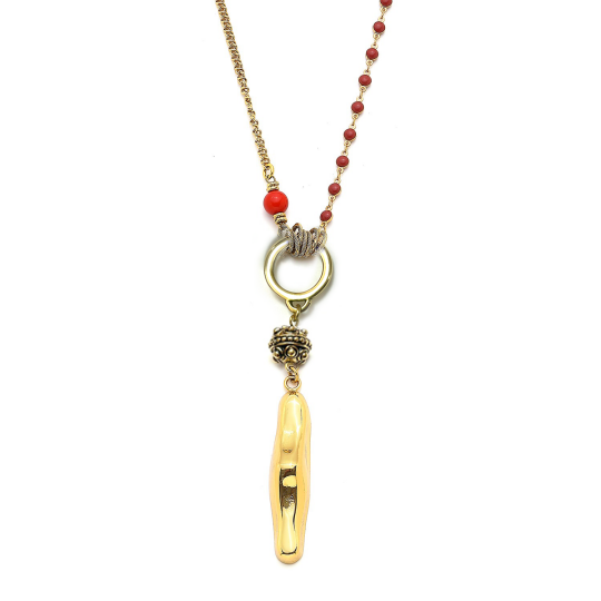 Sacred Dark Blue Zircon, Coral Natural Stone Gold Plated Necklace - (1)