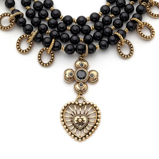 Sacred Heart Oniks Doğal Taş Kalp Charm Kolye - (1)