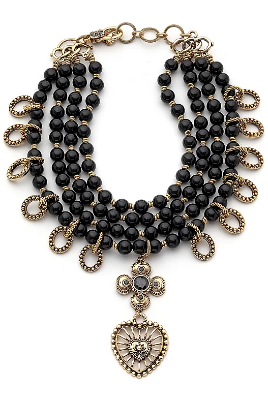 Sacred Heart Oniks Doğal Taş Kalp Charm Kolye - (1)
