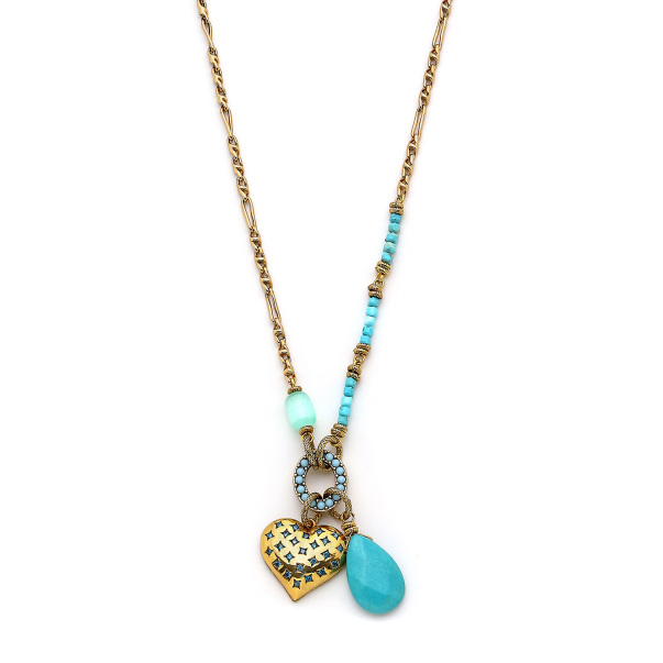 Serrush Gold-Plated Turquoise Natural Stone Heart Charm Chain Necklace - 3