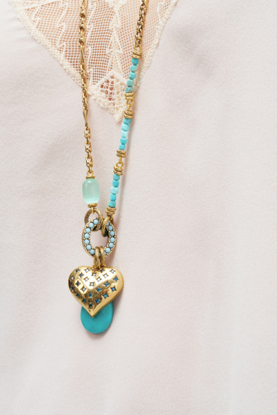 Serrush Gold-Plated Turquoise Natural Stone Heart Charm Chain Necklace - 4