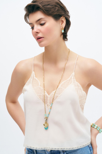 Serrush Gold-Plated Turquoise Natural Stone Heart Charm Chain Necklace - 2