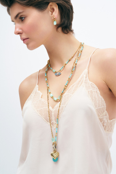 Serrush Gold-Plated Turquoise Natural Stone Heart Charm Chain Necklace - 5
