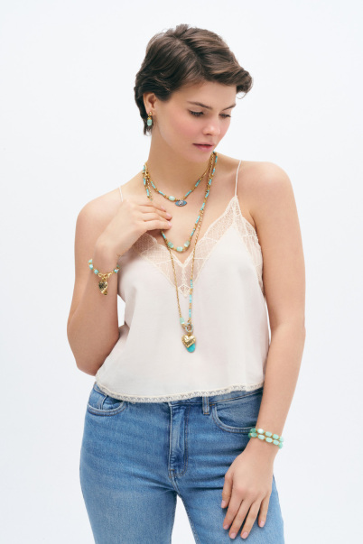 Serrush Gold-Plated Turquoise Natural Stone Heart Charm Chain Necklace - 6