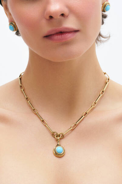 Shielded Turquoise Natural Stone Gold Plated Chain Necklace - 2