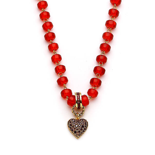 Sola Zircon Heart Charm Gold Plated Glass Bead Necklace - 3