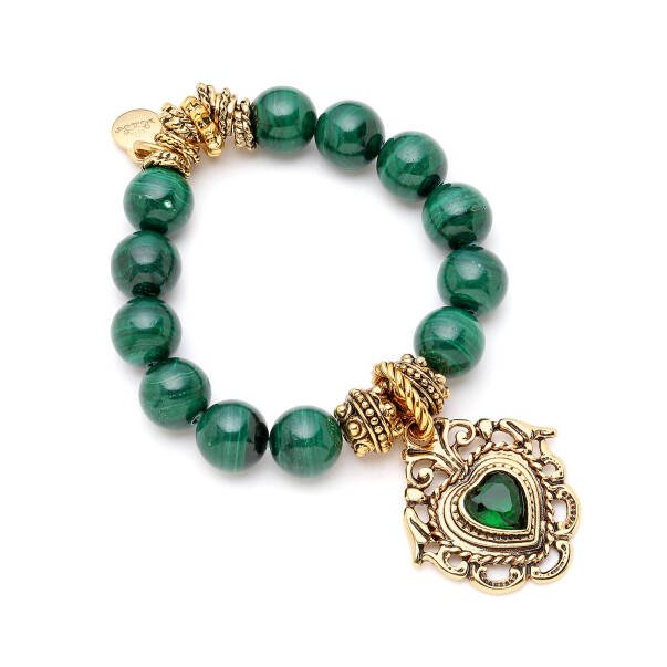 Solis Yeşil Zirkon Kalp Charm Malahit Bilezik - 1