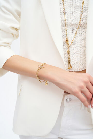 Soren Crystal Gold Plated Angel Wing Charm Chain Bracelet - (1)