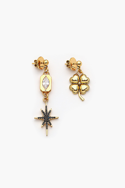 Starry Clove Gold-Plated Zircon Post Earrings with Star and Clover Charms - 