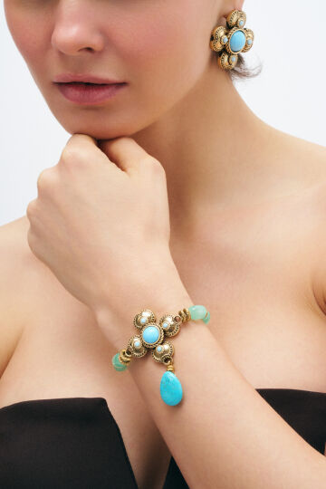 Starry Glow Turkuaz Doğaltaş Yonca Charm Bilezik - (1)