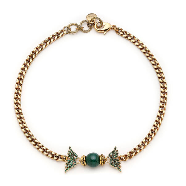 Sylva Zircon Wing Charm Malachite Natural Stone Gold Plated Chain Necklace - 1