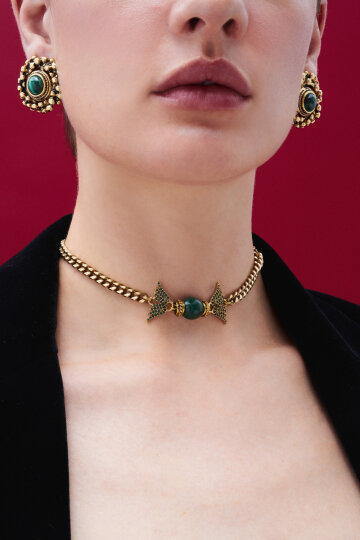 Sylva Zircon Wing Charm Malachite Natural Stone Gold Plated Chain Necklace - (1)