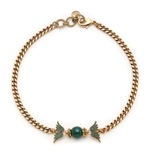 Sylva Zirkon Kanat Charm Malahit Doğaltaş Altın Kaplama Zincir Kolye 