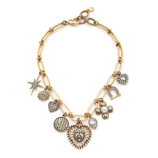 Symbolic Heart, Clover, Horseshoe & Star Charm Chain Necklace - 