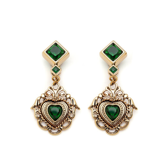 Thicket Green Zircon Heart Charm Clip On Earrings - 