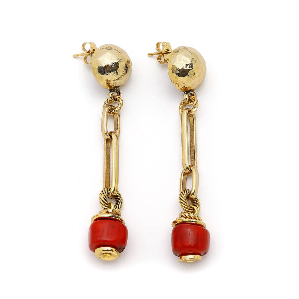 Tidal Kiss Coral Natural Stone Gold Plated Pinned Earrings - 1