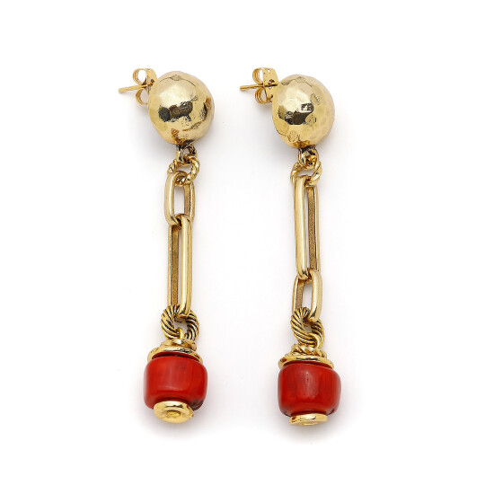 Tidal Kiss Coral Natural Stone Gold Plated Pinned Earrings - 
