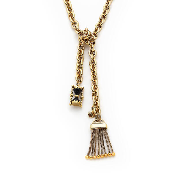 Time Flies By Gold Plated Tassel, Hourglass Charm Chain Necklace - 3