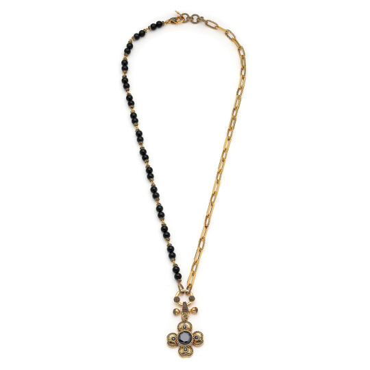 Too Chic Onyx Gold Plated Clover Zircon Charm Chain Necklace 